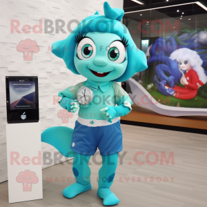 Cyan Mermaid mascot costume character dressed with a Polo Shirt and Digital watches