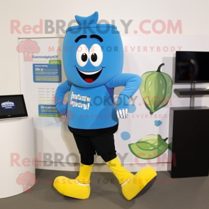 Blue Squash mascot costume character dressed with a Capri Pants and Smartwatches
