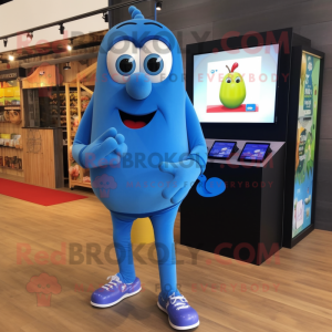 Blue Squash mascot costume character dressed with a Capri Pants and Smartwatches