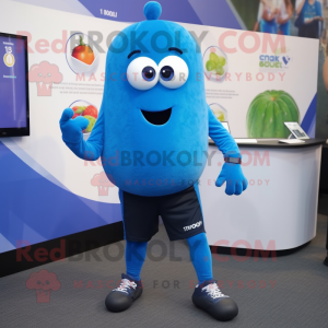 Blue Squash mascot costume character dressed with a Capri Pants and Smartwatches