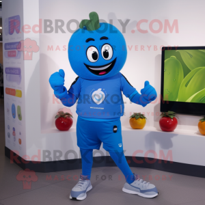 Blue Squash mascot costume character dressed with a Capri Pants and Smartwatches