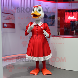 Red Geese mascot costume character dressed with a Midi Dress and Rings
