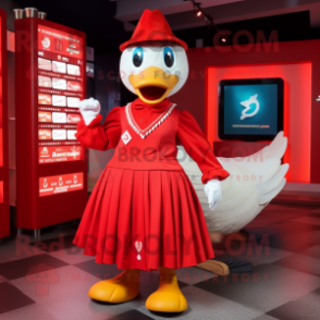 Red Geese mascot costume character dressed with a Midi Dress and Rings