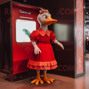 Red Geese mascot costume character dressed with a Midi Dress and Rings