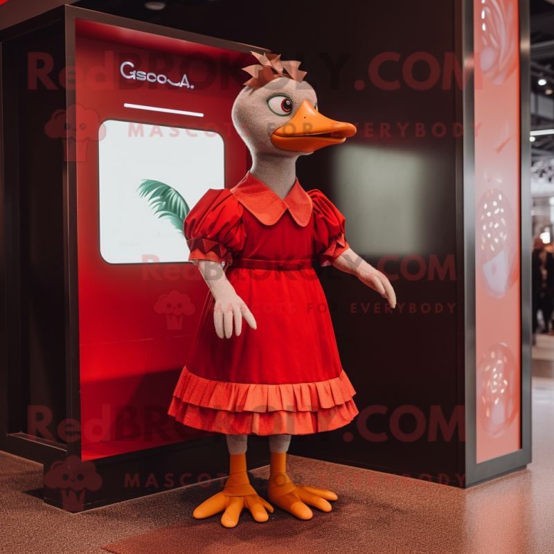 Red Geese mascot costume character dressed with a Midi Dress and Rings Red Geese mascot costume character dressed with a Midi Dress and Rings