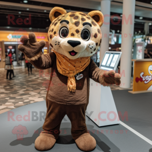 Brown Cheetah mascot costume character dressed with a Trousers and Scarves