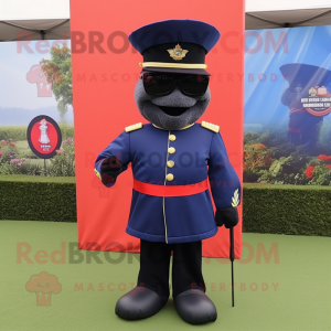 Navy British Royal Guard mascot costume character dressed with a Culottes and Sunglasses