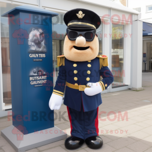 Navy British Royal Guard mascot costume character dressed with a Culottes and Sunglasses