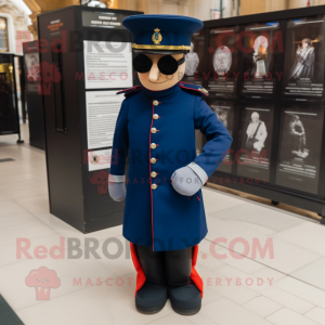 Navy British Royal Guard mascot costume character dressed with a Culottes and Sunglasses