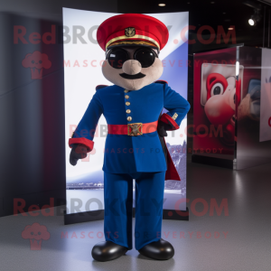 Navy British Royal Guard mascot costume character dressed with a Culottes and Sunglasses