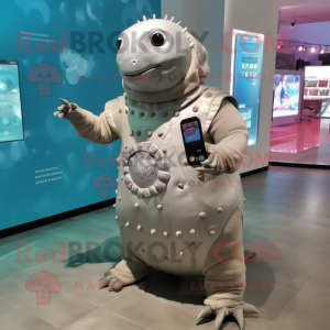 Silver Glyptodon mascot costume character dressed with a Shift Dress and Digital watches
