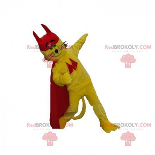 Mascotte de chat jaune avec une cape et un bonnet rouge -