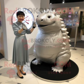 Silver Glyptodon mascot costume character dressed with a Shift Dress and Digital watches