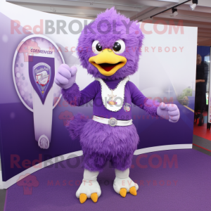 Purple Fried Chicken mascot costume character dressed with a Jeggings and Bracelets