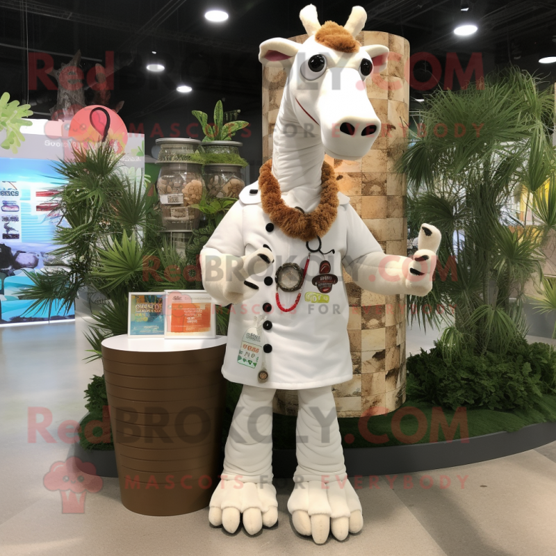 White Giraffe mascot costume character dressed with a Cargo Shorts and Shawl pins White Giraffe mascot costume character dressed with a Cargo Shorts and Shawl pins
