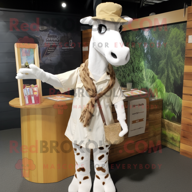 White Giraffe mascot costume character dressed with a Cargo Shorts and Shawl pins