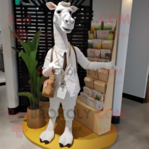 White Giraffe mascot costume character dressed with a Cargo Shorts and Shawl pins