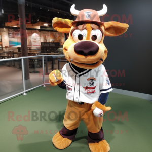 Rust Jersey Cow mascot costume character dressed with a Baseball Tee and Reading glasses