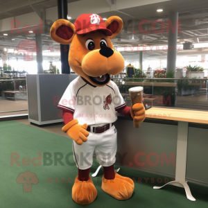 Rust Jersey Cow mascot costume character dressed with a Baseball Tee and Reading glasses