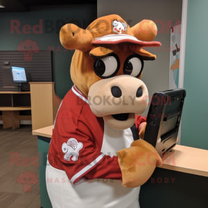 Rust Jersey Cow mascot costume character dressed with a Baseball Tee and Reading glasses