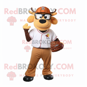 Rust Jersey Cow mascot costume character dressed with a Baseball Tee and Reading glasses