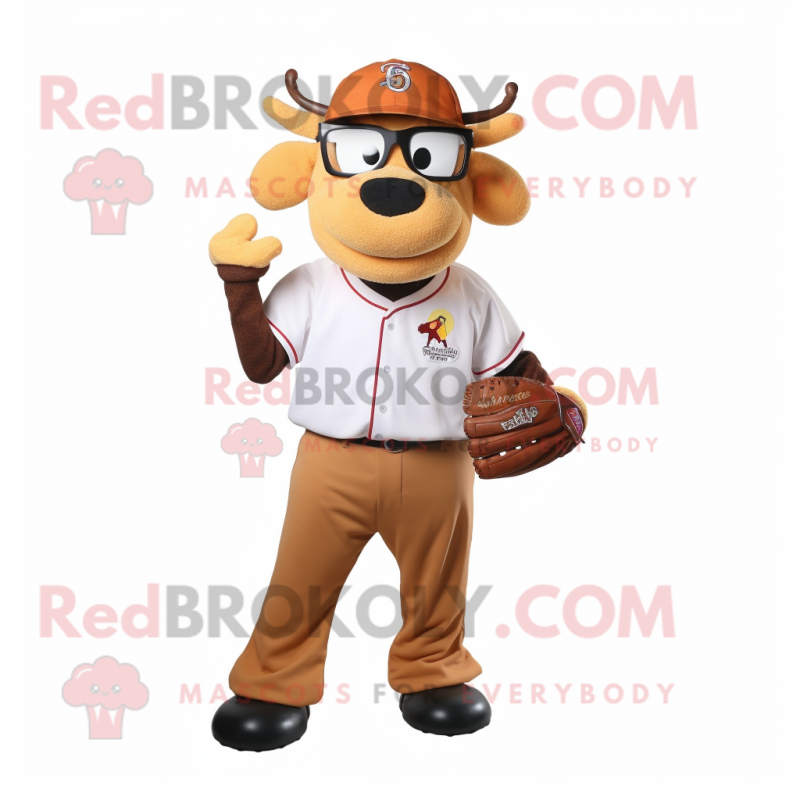 Rust Jersey Cow mascot costume character dressed with a Baseball Tee and Reading glasses Rust Jersey Cow mascot costume character dressed with a Baseball Tee and Reading glasses