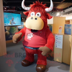 Red Yak mascot costume character dressed with a Denim Shorts and Cufflinks