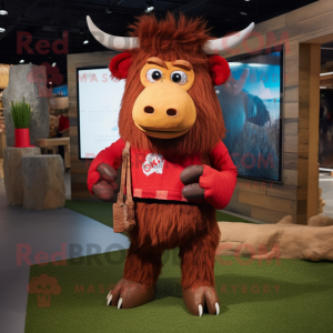 Red Yak mascot costume character dressed with a Denim Shorts and Cufflinks