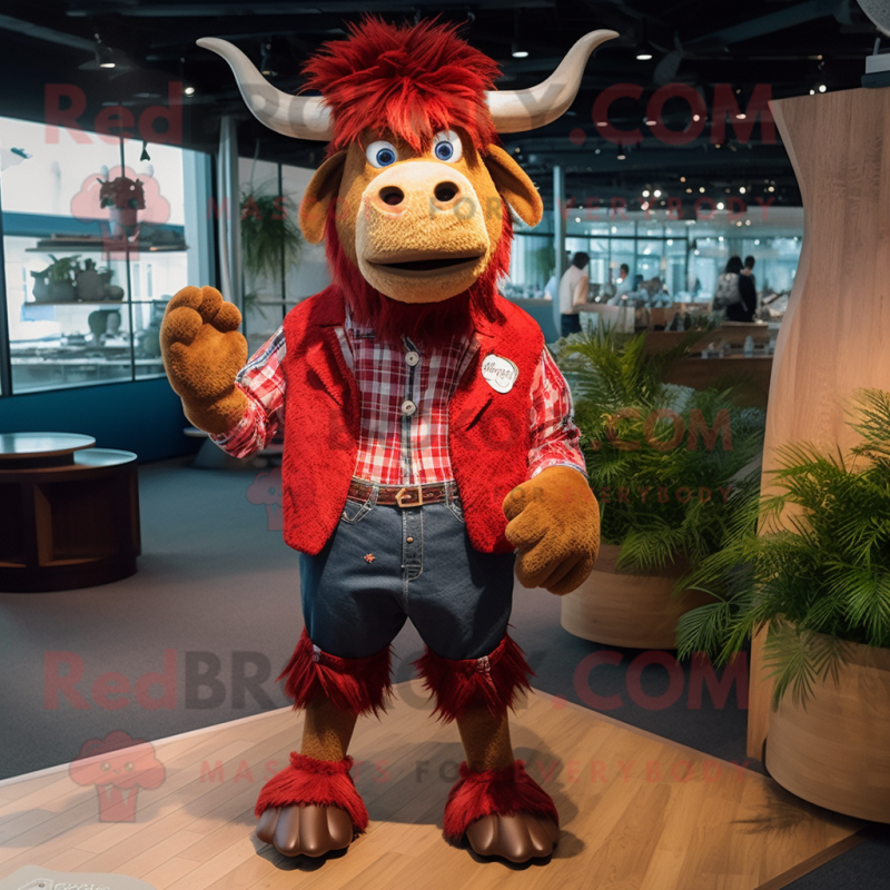 Red Yak mascot costume character dressed with a Denim Shorts and Cufflinks