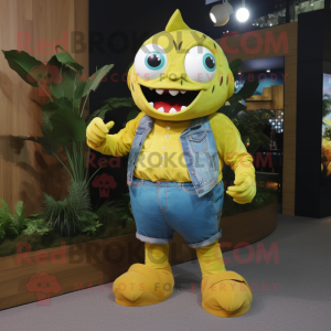 Yellow Piranha mascot costume character dressed with a Jeans and Smartwatches