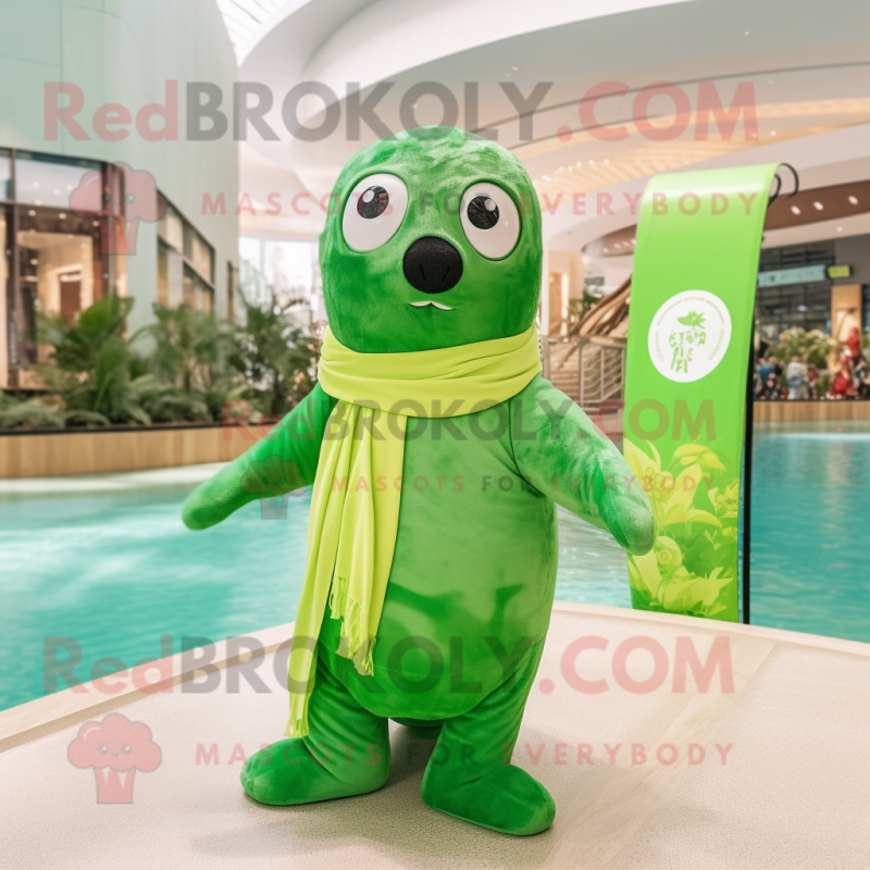 Lime Green Seal mascot costume character dressed with a One-Piece Swimsuit and Scarves