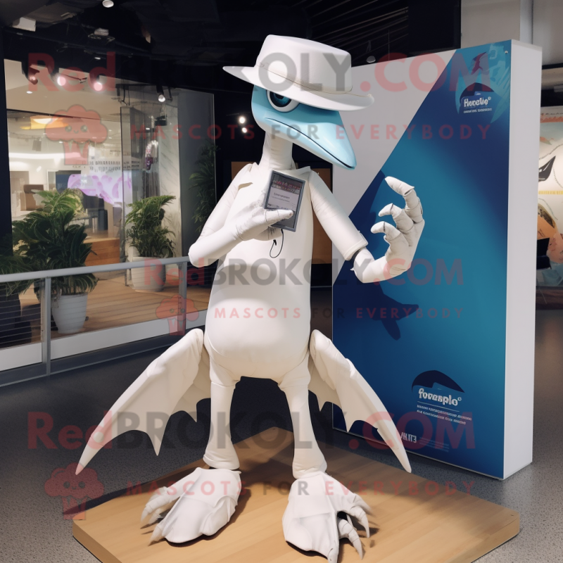 White Pterodactyl mascot costume character dressed with a Skinny Jeans and Smartwatches