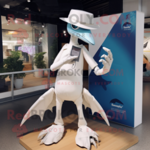 White Pterodactyl mascot costume character dressed with a Skinny Jeans and Smartwatches