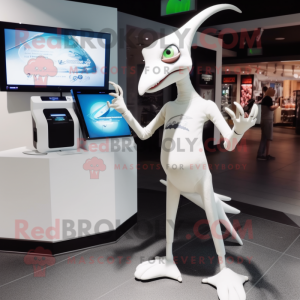 White Pterodactyl mascot costume character dressed with a Skinny Jeans and Smartwatches