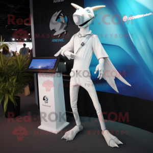 White Pterodactyl mascot costume character dressed with a Skinny Jeans and Smartwatches