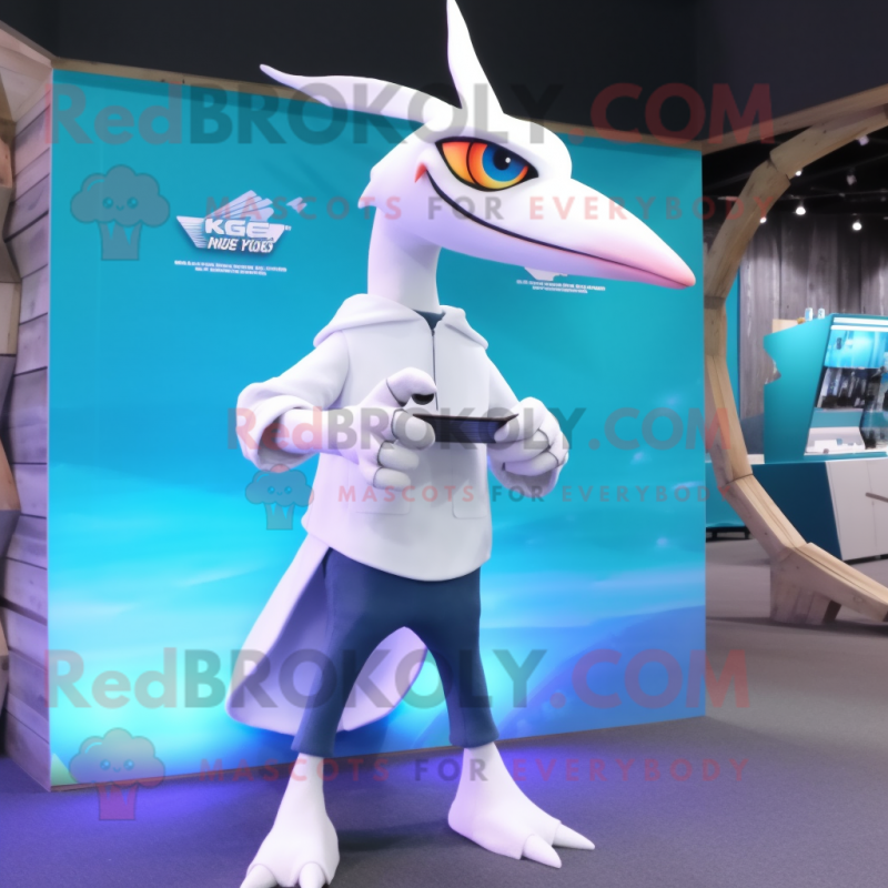 White Pterodactyl mascot costume character dressed with a Skinny Jeans and Smartwatches