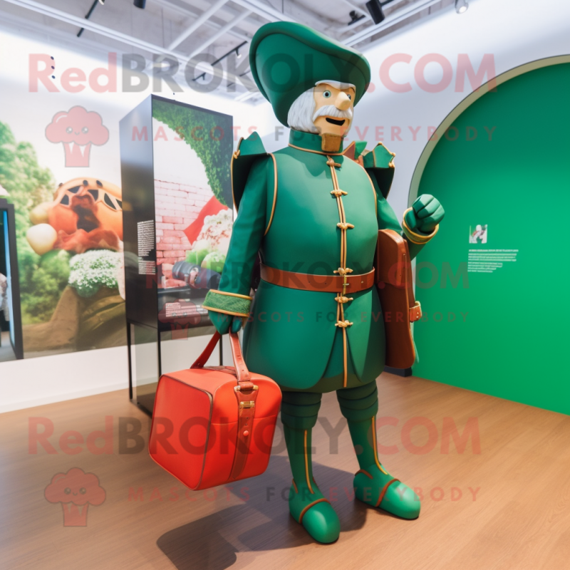 Green Swiss Guard mascot costume character dressed with a Jacket and Tote bags