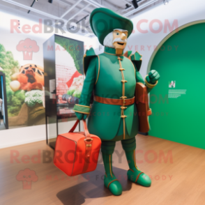 Green Swiss Guard mascot costume character dressed with a Jacket and Tote bags