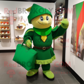 Green Swiss Guard mascot costume character dressed with a Jacket and Tote bags