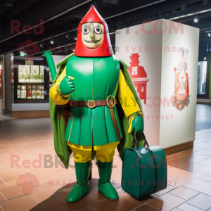 Green Swiss Guard mascot costume character dressed with a Jacket and Tote bags