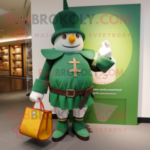 Green Swiss Guard mascot costume character dressed with a Jacket and Tote bags