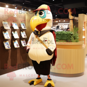 Cream Woodpecker mascot costume character dressed with a Leather Jacket and Coin purses