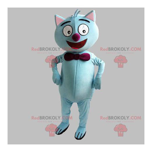 Mascote gato azul com gravata borboleta vermelha -