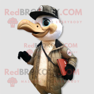 Cream Woodpecker mascot costume character dressed with a Leather Jacket and Coin purses