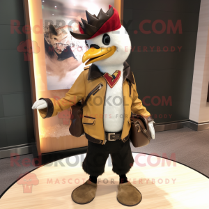 Cream Woodpecker mascot costume character dressed with a Leather Jacket and Coin purses