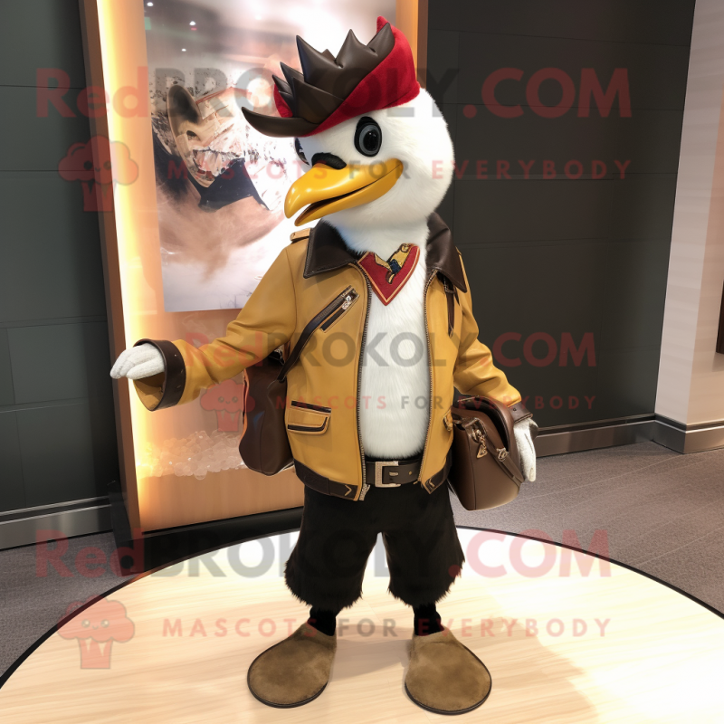 Cream Woodpecker mascot costume character dressed with a Leather Jacket and Coin purses Cream Woodpecker mascot costume character dressed with a Leather Jacket and Coin purses
