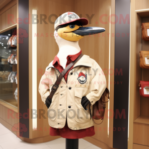 Cream Woodpecker mascot costume character dressed with a Leather Jacket and Coin purses