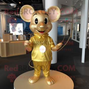 Gold Mouse mascot costume character dressed with a Henley Shirt and Necklaces