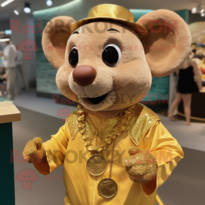 Gold Mouse mascot costume character dressed with a Henley Shirt and Necklaces