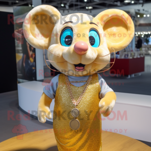 Gold Mouse mascot costume character dressed with a Henley Shirt and Necklaces